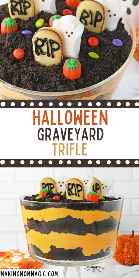 Halloween Dirt Cake Trifle, Halloween Oreo Dirt Cake, Halloween Trifle Ideas, Halloween Trifles, Halloween Trifle Desserts, Halloween Oreo Desserts, Colored Cheesecake, Oreo Cookies Decorated, Halloween Dirt Cake