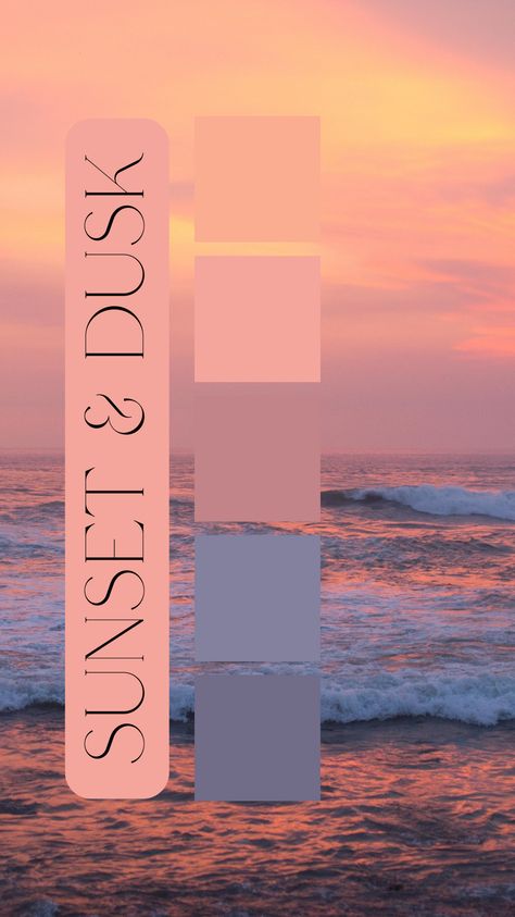 Sunset & Dusk Color Palette by Felicity & Lilac Events Sunset Color Palette Living Room, Pink Ombre Color Palette, Sunset Color Room Bedrooms, Sunset Wall Color, Dusk Colour Palette, Dusk Wedding Colors, Pink Sunset Color Palette, Evening Color Palette, Summer Sunset Color Palette