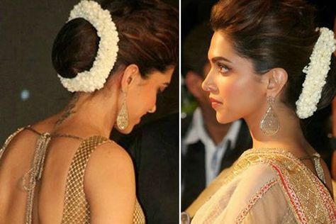 10 Gorgeous Gajra Hairstyles To Dazzle At Your Bestie's Wedding Deepika Padukone Hair, Hairstyle Simple, Brunette Pixie, Victory Rolls, Bridal Bun, Asymmetrical Hairstyles, Indian Bridal Hairstyles, Super Hair, Popular Haircuts