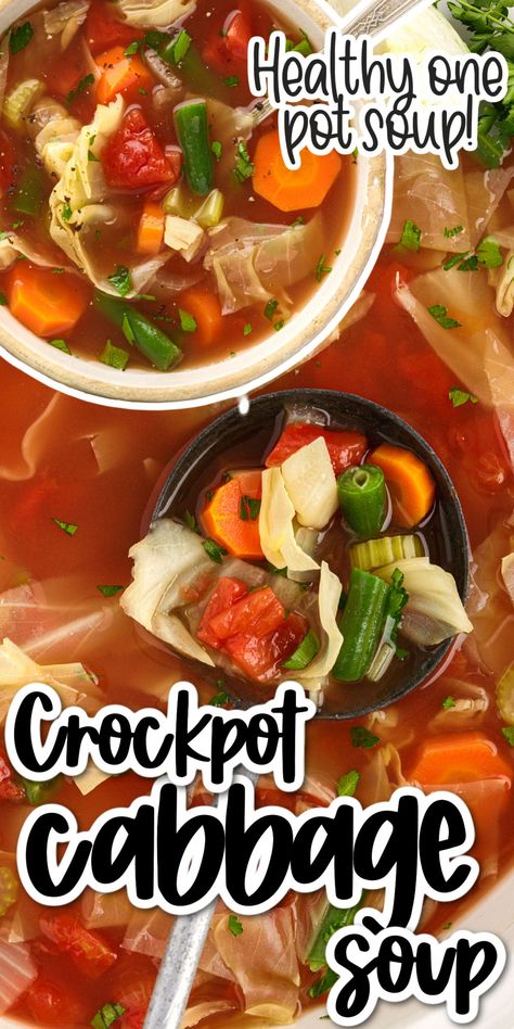 This easy cabbage soup recipe is packed with veggies, has tons of flavor, and is low carb. Simply dump all of the ingredients in and cook. Cabbage Soup With Vegetables, Crock Pot Cabbage Soup Slow Cooker, Cabbage Soup In Crockpot, Ww Cabbage Soup Recipe, Crock Pot Cabbage Soup, Crockpot Cabbage Soup, Slow Cooker Cabbage Soup, Dump Soup, Cabbage Crockpot