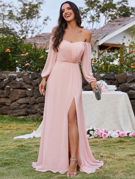 Baby Pink  Collar Long Sleeve Chiffon Plain A Line Embellished Non-Stretch All Weddings & Events Cherry Blossom Pink Bridesmaid Dresses, Baby Pink Bridesmaid Dresses, Off Shoulder Bridesmaid, Off Shoulder Bridesmaid Dress, Bridesmaid Gown Chiffon, Contemporary Bridal, Long Sequin Dress, Ever Pretty, Dress With Long Sleeves