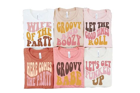 Bridesmaids Shirts, Wife Of The Party, Retro Bachelorette, Bachelorette Planning, Themed Shirts, Text Tee, Wedding Party Gift, Bridesmaid Shirts, Personalized Bride