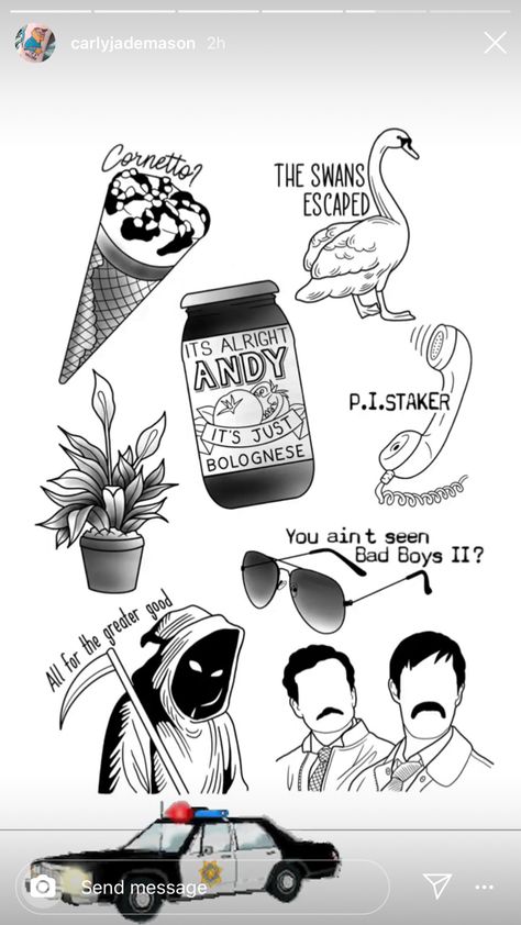 flash sheet for hot fuzz tattoos Hot Fuzz Tattoo, Cornetto Trilogy Tattoo, Cornetto Tattoo, This Is England Film, Leavers Shirt, Cornetto Trilogy, Tattoos 2023, Tats Ideas, Swan Tattoo