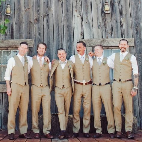 Striking Groomsmen Attire // photo by: The Nichols // http://www.theknot.com/weddings/album/a-retro-rustic-wedding-in-austin-tx-136754 Khaki Groomsmen, Casual Groomsmen Attire, Casual Groomsmen, Groomsmen Vest, Groom Vest, Groomsmen Outfit, Wedding Groomsmen Attire, Mens Wedding Attire, Groomsmen Outfits