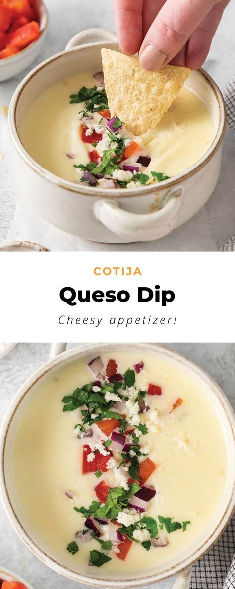 Quest Fresco Cheese Dip, Goat Cheese Queso Dip, Organic Queso Dip, Cotija Cheese Recipes Dinners, Quest Cheese Sauce, Salsaritas Queso Recipe, Cotija Cheese Dip, Recipes With Fresco Cheese, Quest Fresco Dip