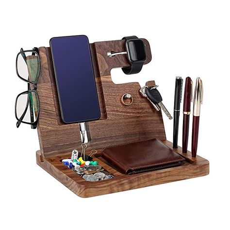 Amazon.com : Gifts for Men - Ebony Wood Phone Docking Station - Nightstand with Key Holder, Wallet Stand and Watch Organizer - Perfect Gifts to Boyfriend Husband Wife Dad for Anniversary Birthday Christmas : Office Products Wood Docking Station, Phone Docking Station, Wooden Docking Station, Phone Charging Station, Present For Husband, Key Holder Wallet, Nightstand Organization, Nursery Decorations, Watch Organizer