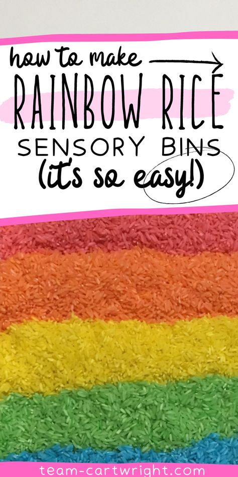 Text: How To Make Rainbow Rice Sensory Bins (it's so easy!) Picture: Homemade Rainbow Rice sensory bin with red, orange, yellow, green, and blue DIY colored rice. Rainbow Sensory Bin, Dye Rice, Sensory Bin Fillers, Kids Crafts Toddlers, Toddler Stem, Rainbow Sensory, Sensory Bin Ideas, Prek Activities, Rainbow Rice