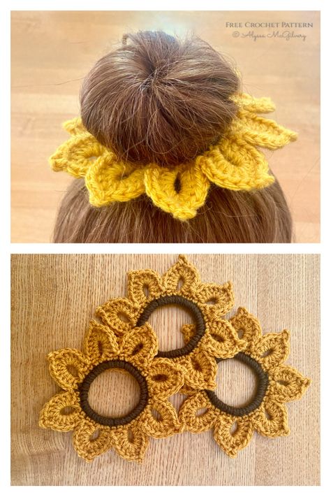 Sunflower Scrunchie, Summer Bun, Summer Crochet Patterns Free, Bun Scrunchie, Crochet Hairband, Crocheted Things, Newborn Crochet Patterns, Crochet Hair Accessories, Tie Pattern