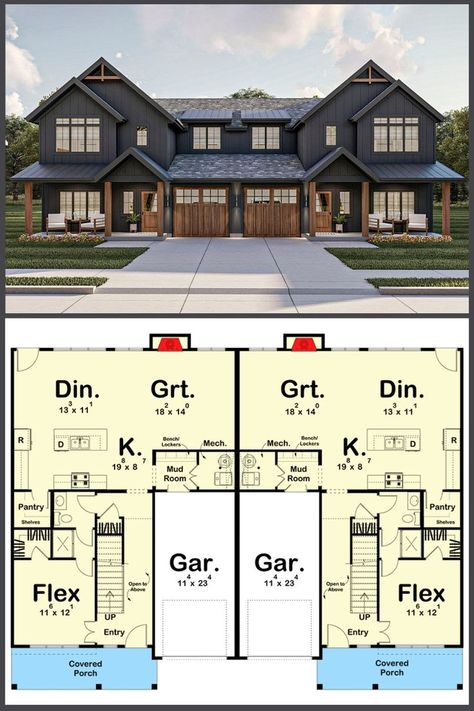 Discover the perfect blend of modern elegance and farmhouse charm with our stunning -3-Bedroom Two-Story Twin Modern Duplex Farmhouse. This thoughtfully designed floor plan features a spacious layout, including an office-friendly flex room, ensuring a versatile and comfortable living experience. Bring your dream home to life with this architectural masterpiece! Duplex Farmhouse, Room Floor Plan, Covered Entry, Entry Porch, Duplex Floor Plans, Duplex Plans, Country Craftsman, Quaint Cottage, Duplex House Plans