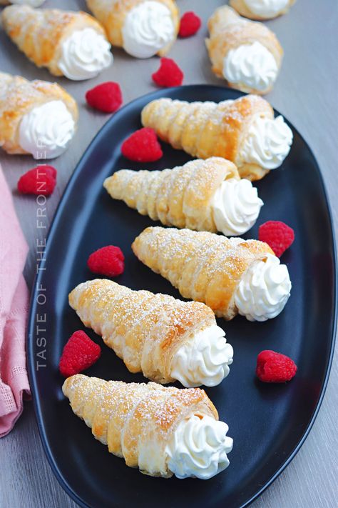 Whipped Cream Filling For Cream Puffs, Puff Pastry Cream Horns Recipe, Italian Cream Stuffed Cannoncini (puff Pastry Horns), Puff Pastry Horns Recipe, Cream Puff Cream Filling, Cream Horns Filling Recipe, Puff Pastry Pinwheels Sweets, Cream Puff Recipes, Ways To Fold Puff Pastry