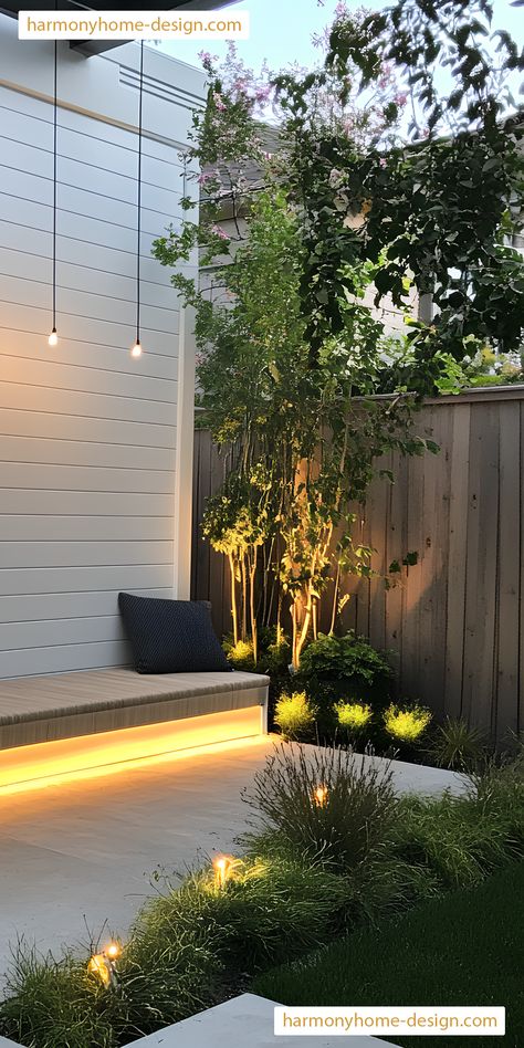 An impressive arrangement of path lights illuminates the backyard, ensuring safe movement while creating a welcoming glow for evening gatherings and highlighting the landscaping’s beauty. Villa Exterior, Path Lights, Luxury Villa, Landscaping, Villa, Sleek, Yard, Exterior, Lighting