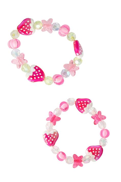 This strawberry bracelet is very merry with fun and flare. Choose from a light green beads or clear beads as the accent colour to these adorable strawberry beads. Little butterflies accompany the strand of beads beautifully for a cute little summer fun bracelet. Dimensions: 7x6x0.5cm 6 Strawberry Bracelet, Strawberry Beads, Kawaii Bracelet, Purple Jeep, Kandi Inspo, Doll Garden, Party Card Games, Baby Bubble Romper, Card Games For Kids