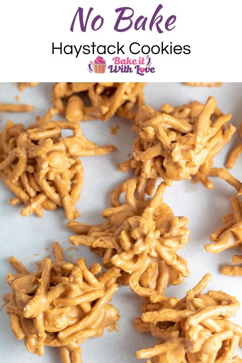 Haystacks candies (or cookies) are set on a sheet of parchment paper to dry, as shown here with an overhead view of the 'haystacks'. Peanut Haystacks Recipe, Haystacks Recipe Butterscotch, Peanut Butter Haystacks Recipe, Butterscotch Haystacks, Healthier Cookies, Cook Desserts, Haystacks Recipe, Haystack Cookies, Butterscotch Recipes