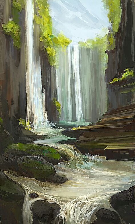 Charcoal Drawing For Beginners, Waterfall Painting, Easy Landscape Paintings, Environment Painting, Waterfall Paintings, Concept Art Tutorial, Dreamy Artwork, Calligraphy Art Print, Easy Canvas Painting