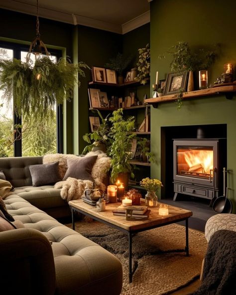 2024 Interior Design Trends: Things You Should Change and Hold - Matchness.com Natural Living Room Earth Tones Green, Green Snug Room, Green Reading Room, Green Walls Living Room, Dark Green Living Room, Green Living Room Decor, Snug Room, Dark Living Rooms, House Vibes