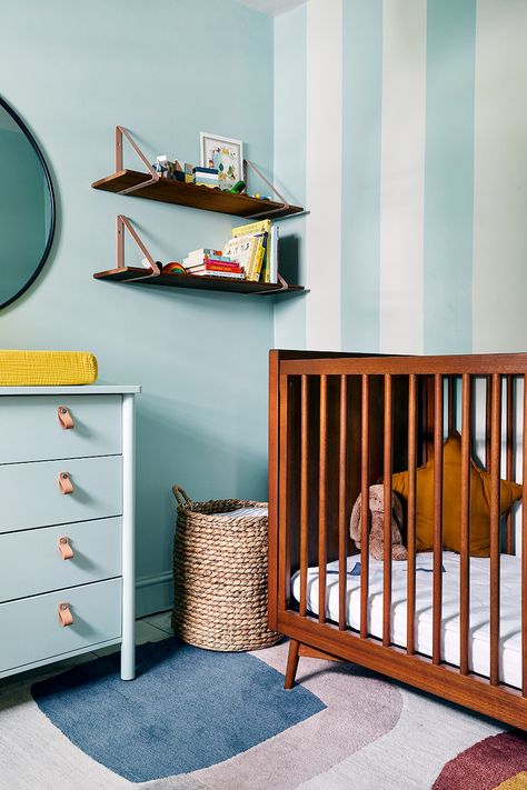 A Simple Swap Meant This Guest Room Could Be a “Cocooning” Play Space, Too Striped Accent Walls, Changing Table Topper, Mid Century Furnishings, Nursery Room Design, London Home, Sanctuary Bedroom, Nursery Room Inspiration, Home Upgrades, Baby's Room