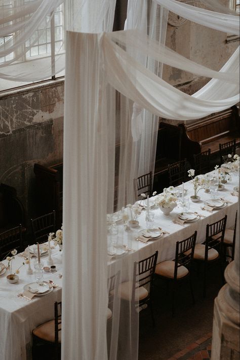 Fabric Drapes Wedding, Arch Draping Wedding, Draped Room Wedding, Wedding Fabric Draping, Marble Dance Floor, Draping Wedding Reception, White Drapes Wedding, Fabric Draping Wedding, Old Church Wedding