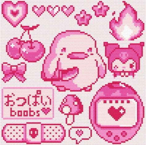 Gamer Cross Stitch Pattern, Cross Stitch Patterns Kawaii, Pink Cross Stitch Pattern, Cross Stitch Template, Kawaii Cross Stitch Pattern Free, Cross Stitch Kawaii, Kawaii Pixel Art Grid, Sanrio Cross Stitch, Cute Pixel Art Kawaii