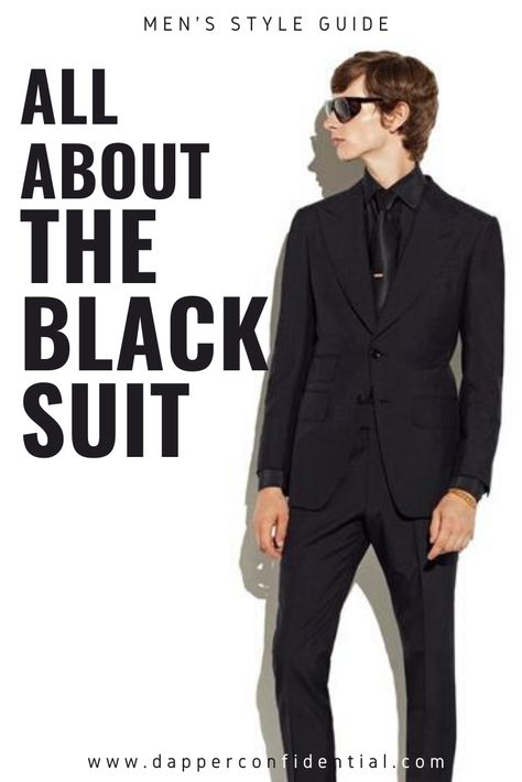 Read the article for how to shop for and style a black suit, including shirts that match and accessories. #man #guy Black Suit Black Shirt Black Tie, Full Black Suit Men Formal, Black Suit Accessories Men, Men’s Black Suits For Wedding, Black Suit Black Shirt Men, Black Suit Shirt Combinations, Men’s Black Suit Ideas, Mens Black Suit Outfit Wedding, Black Suit Tie Combination