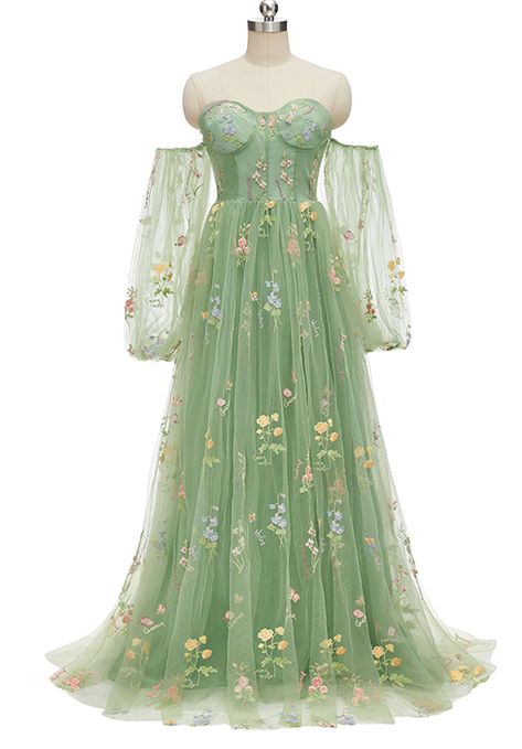 Green Puffy Prom Dress, Flowery Prom Dress, Prom Dress Flowers, Green Tulle Gown, Flower Prom Dresses, Short Princess Dress, Navy Ball, School Formal, Formal Ideas