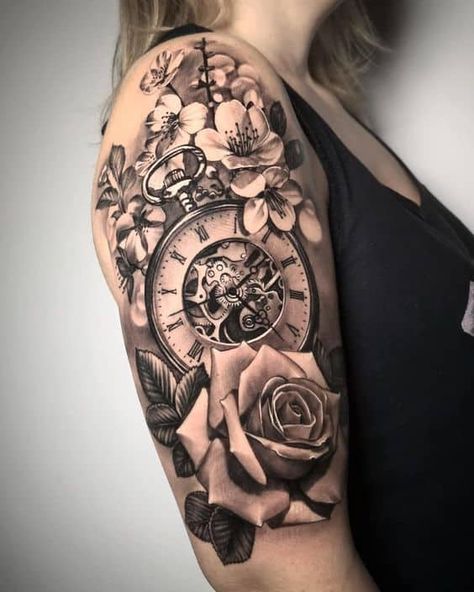 120 Pretty And Girly Half-Sleeve Tattoo Ideas For Females Time Piece Tattoo For Women Half Sleeve, Time Piece Tattoos, Half Sleeve Tattoos For Women Lower Arm Meaningful, Stopwatch Tattoo, Mama Tattoos, Time Piece Tattoo, Unique Half Sleeve Tattoos, Tattoo Placements, Quarter Sleeve Tattoos