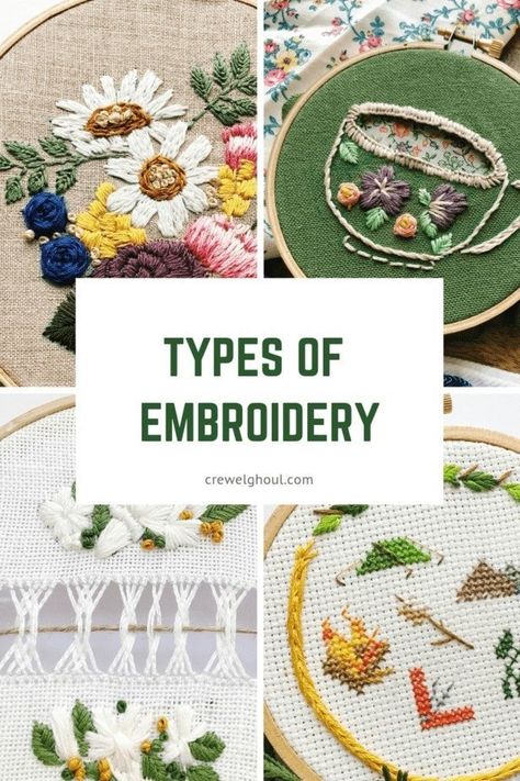 Types of Embroidery - Crewel Ghoul Types Of Embroidery Stitches, Crewel Embroidery Tutorial, Crewel Embroidery Patterns, Cross Stitch Tutorial, Crewel Embroidery Kits, Blackwork Embroidery, Bead Embroidery Patterns, Embroidery Stitches Tutorial, Hand Embroidery Projects