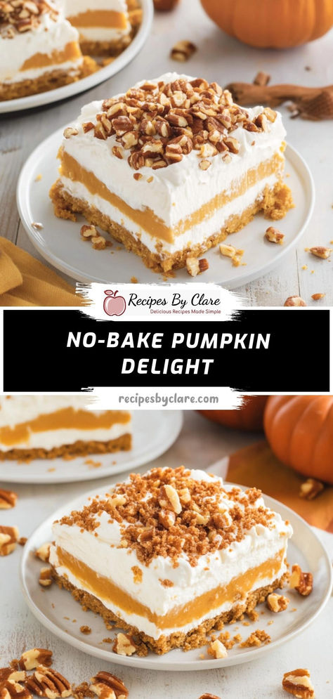 A creamy, spiced pumpkin dessert with layers of graham cracker crust, cream cheese, and whipped topping—perfect for fall gatherings and effortless to make.  Ingredients:  1 cup canned pumpkin puree 1 1/2 cups graham cracker crumbs 1 (8 oz) package cream cheese, softened 1 teaspoon ground cinnamon Delight in a no-bake, creamy pumpkin treat with a buttery graham cracker crust and a cinnamon-spiced pumpkin filling, all topped with light, fluffy whipped topping! Pumpkin And Graham Cracker Desserts, Pumpkin Graham Cracker Crust, Pumpkin Cool Whip Pie, Graham Cracker No Bake Dessert, Pumpkin Cream Cheese Filling, Pumpkin Cups Dessert, Deconstructed Pumpkin Pie, Pumpkin Graham Cracker Dessert, No Bake Pumpkin Delight