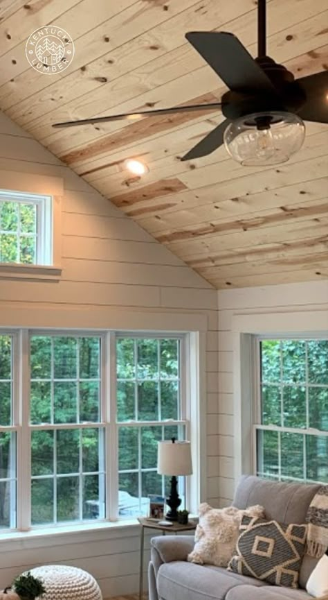 Wood Ceilings Farmhouse, Beadboard Ceiling Shiplap Walls, Shiplap Cabin Interior, White Wood Shiplap Wall, Shiplap In Cabin, Shiplap Walls And Wood Ceiling, All Shiplap Room, Cedar Ceiling Shiplap Walls, Lake House Shiplap Wall