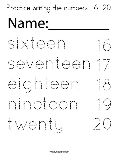 Practice writing the numbers 16-20 Coloring Page - Twisty Noodle Practice Writing Numbers, Number Words Worksheets, Number Writing Practice, Numbers Worksheets, Twisty Noodle, Preschool Units, Sorting Games, Learning Worksheets, Practice Writing