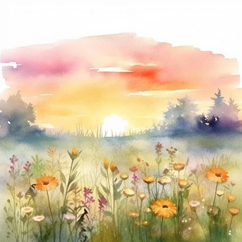 Field Of Flowers Watercolor Painting, Meadow Tattoo Fields, Wall Art Flowers Paint, Spring Watercolour Ideas, Watercolour Field Of Flowers, Watercolour Meadow Flowers, Spring Painting Watercolor, Wildflowers Watercolor Painting, Watercolor Meadow Flowers