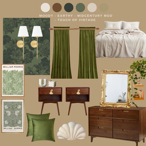 Olive Green Mid Century Bedroom, Mid Century Victorian Bedroom, Mid Century Drapes, Mid Century Eclectic Bedroom Vintage Modern, Mid Century French Decor, Mid Century Modern Romantic Bedroom, Romantic Mid Century Bedroom, Moody Spring Bedroom, Mid Century Moody Bedroom