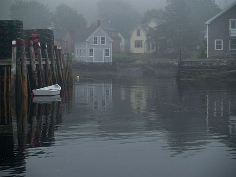 New England Fishing Village, The Silt Verses Aesthetic, Island Village Aesthetic, Fishing Village Aesthetic, Foggy Village, New England Gothic, Houses On Water, Dark Nautical, Fishing Aesthetic