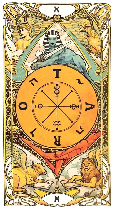 Wheel of Fortune - Golden Art Nouveau Tarot Vintage Tarot Cards Wallpaper, Tarot The Wheel Of Fortune, Art Nouveau Tarot, Tarot Waite, Tarot Decks Art, Wheel Of Fortune Tarot, All Tarot Cards, Tarot Tattoo, Golden Art