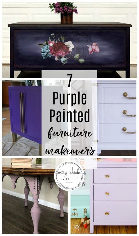 A collection of purple furniture makeovers from the palest to the darkest purple. Lots of ideas for incorporating purple into your home! artsychicksrule.com #purplefurnituremakeovers #purplefurniture Light Purple Furniture, Purple Bedroom Furniture, Purple Painted Furniture, Dark Artsy, Diy Dressers, Purple Dresser, Green Painted Furniture, Purple Furniture, Diy Upholstery