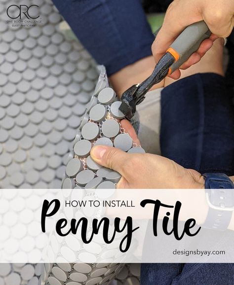 How To Finish Penny Tile Edge, Installing Penny Tile Floor, Diy Penny Tile Floor, How To Lay Penny Tile Floor, Penny Tile Design Ideas, Penny Round Backsplash Kitchen, Penny Tile Entryway, Penny Tile Kitchen Backsplash, Penny Tile Patterns