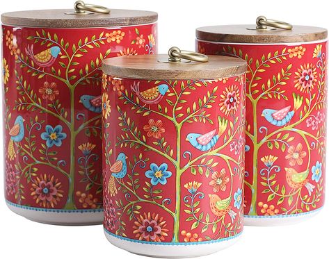 Red Kitchen Canisters, Storing Coffee, Stainless Steel Food Storage, Ceramic Kitchen Canisters, Ceramic Canister Set, Bird Ceramic, Kitchen Canister Set, Ceramic Canister, Spring Birds