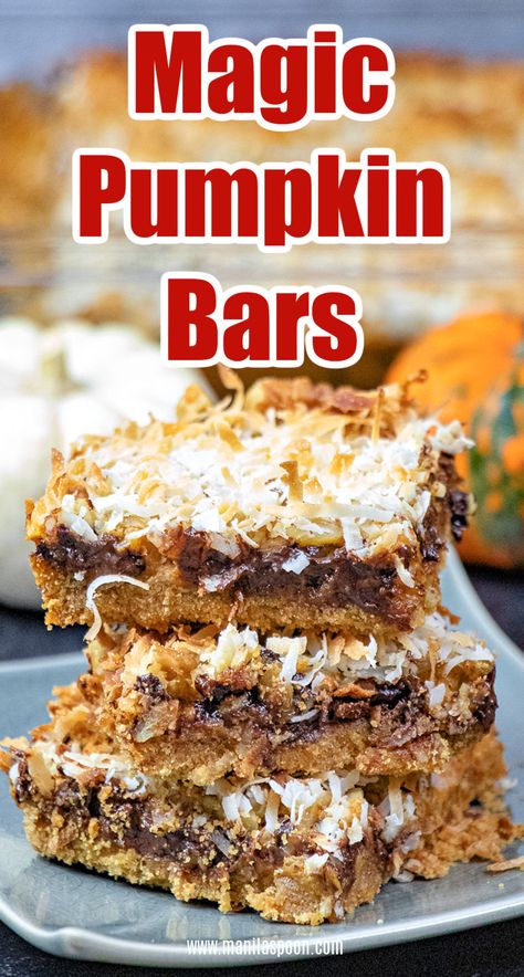 Easy Magic Pumpkin Bars (7 Layer Bars) - Manila Spoon Paul's Pumpkin Bars, Pumpkin Pie Bars With Gingersnap Crust, Pumpkin 7 Layer Bars, Pumpkin Layer Bars, Halloween Bars Recipes, 9x13 Pumpkin Bars, Pumpkin Spice Latte Bars, Magic Pumpkin Bars, Thanksgiving Dessert Bars Recipes