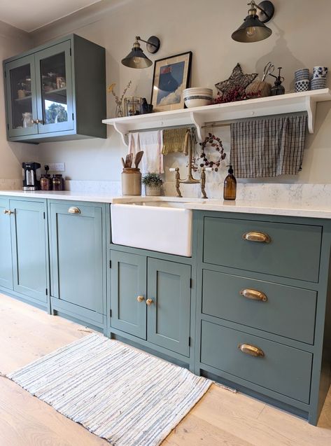 Blue Colour Kitchen Cabinets, Duck Egg Kitchen Cabinets, Calke Green Farrow And Ball Kitchen, Duck Egg Green Kitchen, Greenish Blue Kitchen Cabinets, Fun Kitchen Cabinet Colors, Painted Cupboards Kitchen, Shelf With Brass Rail, Duck Egg Blue Kitchen Cabinets