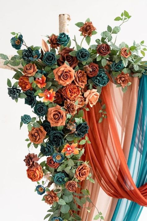 100 Inspiration Flower Arch Decor, Table Flower Decor, Sweetheart Table Flowers, Wedding Color Palette Summer, Flower Swag, Wedding Archway, Western Themed Wedding, Arch Decor, Burnt Orange Weddings