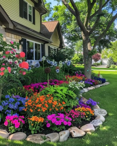 Garden Inspirations Bloxburg Outside, Landscape Ideas Front Yard Curb Appeal, Backyard Flowers Garden, Ideas For Front Of House, Flower Bed Designs, Front Garden Landscape, Front Garden Design, House Bloxburg, Front Yard Garden Design