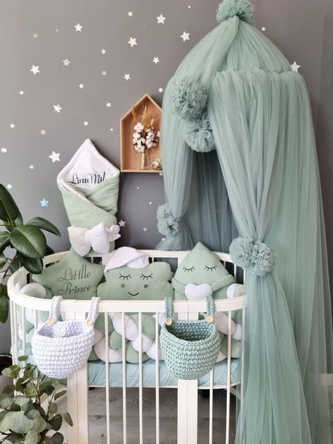 For sale ONLY baldachine. We have created the perfect nursery decor. The canopy is suitable for a girl or boy for a playroom. This is a great gift for a baby shower. ✅MATERIAL - Prihcess canopy made of very soft tulle fabric. Non-allergic ✅ITEM DETAILS: - Dome diameter - 26.77" (68 cm). - Hanging canopy height - 94.45" (240 cm) + 19.685" (50 cm) tie - Hanging canopy width 1023.62" (26 m) The kit includes: 2 mounts (for ceiling and wall) 2 large pom-poms and 4 small side pom-poms. ✅WASHING INSTRU Green Crib Nursery, Round Crib Nursery, Nursery Princess, Girls Princess Room, Hanging Canopy, Cozy Baby Room, Crib Decor, Perfect Nursery, Baby Canopy