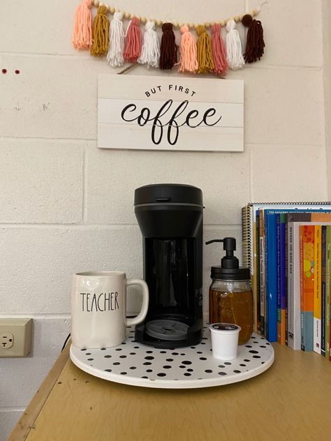 Trendy Teacher Desk, Office Coffee Station Ideas Small Spaces, Classroom Keurig Station, Classroom Microwave Area, Teacher Desk Organization Ideas Elementary, Coffee Bar Ideas For Classroom, Coffee Station Classroom, Teacher Kitchen Area In Classroom, Teacher Coffee Station In Classroom