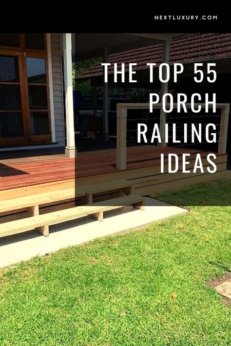 The front porch railing is one of the first things people see when they look at your house, and it can make a lasting impression. #homedecor #homedecorideas #homedesign #homedesignideas #nextluxury Wooden Rails Front Porch, Updated Porch Railing, Railing Ideas For Front Porch, Bungalow Porch Railing, Small Front Porch Ideas With Railing, Front Porch Rails Ideas, Metal Porch Railing Ideas Farmhouse, Front Porch Horizontal Railing Ideas, Porch Rails Ideas Farmhouse