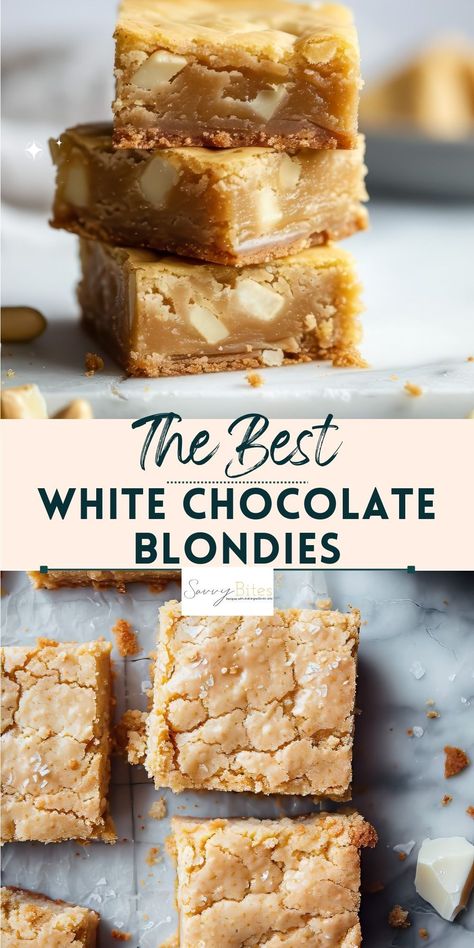 This white chocolate blondie recipe is your go-to for easy dessert bars that come together in just one bowl. Made with only 6 ingredients, it turns simple pantry staples into a decadent treat. Perfect for a quick and delicious baking experience, these blondies are the epitome of effortless indulgence. Blondies With White Chocolate Chips, Classic Blondies Recipe, White Chocolate Chip Brownies Recipes, Chewy Blondie Brownies, Blondie White Chocolate, Dessert Recipes With Butter, White Chocolate Baking Recipes, Blondies Recipe White Chocolate, Dessert When You Have Nothing