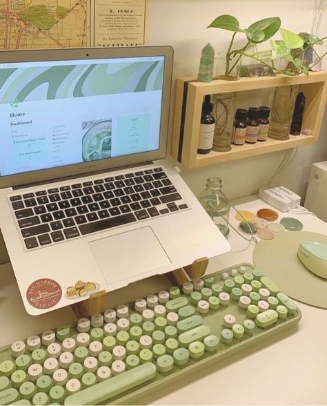 Green And White Desk Setup, Green Desk Astethic, Ghibli Aesthetic Room Decor, Sage Green Desk Setup, Green Desk Aesthetic, Green Desk Setup, College Desk Setup, Green Gaming Setup, Green Dorm Room Ideas