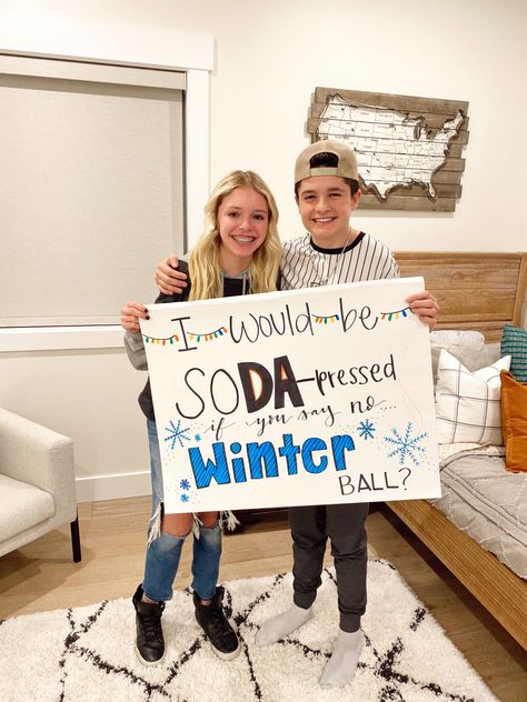 Girl asking a boy to a high school dance using a poster. Winfo Proposals Funny, Winter Formal Proposal For Friends, Winter Ball Sign Ideas, Promposal Ideas For Friends Guys, Funny Ways To Ask To A Dance, Cute Ways To Ask Someone To Winter Formal, How To Ask A Guy To Sadies, Signs To Ask A Guy To A Dance, Ways To Ask People To A Dance