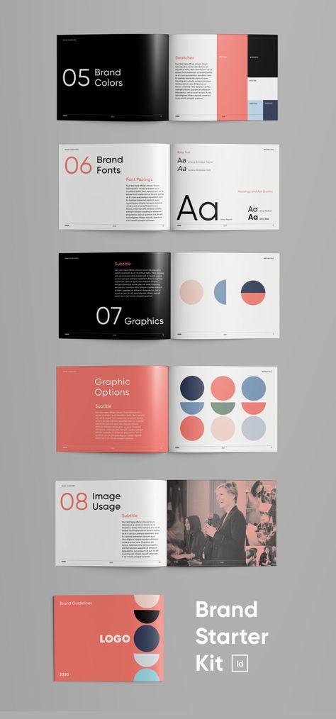 Brand Starter Kit for InDesign | Brand Guidelines Template Pack Corporate Brand Guidelines, Brand Starter Kit, Brand Guidelines Typography, Branding Guidelines Template, Branding Presentation Layout, Brandbook Brand Guidelines, Brand Book Layout, Brand Book Design Inspiration, Corporate Design Manual