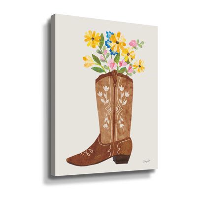 Western Cowgirl Boot VI Gallery Wrapped Canvas Add some country charm to your home with this beautiful wall art print. Display this artwork in your living area with above a vintage camel back sofa and a faux fur rug to compliment the wall decor. Hang this wall art in the study next to a time worn book Format: Wrapped Canvas, Size: 10" H x 8" W x 2" D | Winston Porter Western Cowgirl Boot VI Gallery Wrapped Floater-Framed Canvas in Blue / Brown / Yellow | 10 H x 8 W x 2 D in | Wayfair | Home Deco Western Painting Canvas, Dorm Canvas, Camel Back Sofa, Cherry Blossom Painting Acrylic, Cowgirl Bedroom, Cowgirl Decor, Painted Pots Diy, Back Sofa, Western Paintings