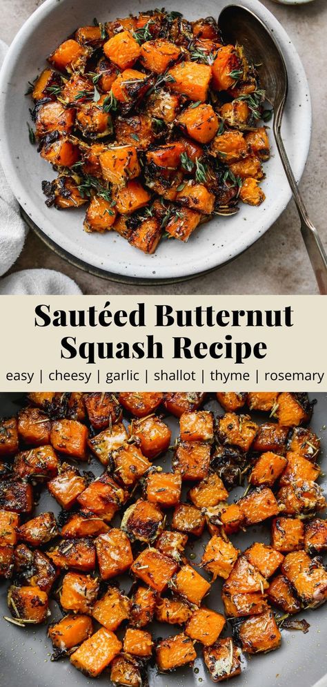 This sautéed butternut squash recipe is paired with garlic, shallots, rosemary, thyme, and parmesan cheese. Cubed and cooked on the stovetop, this recipe is easy to make and tastes absolutely delicious. Serve it as a veggie side dish for breakfast or dinner! Butternut Squash Side Dish, Sauteed Butternut Squash, Butternut Squash Recipes Easy, Healthy Squash Recipes, Butternut Squash Recipes Roasted, Butternut Recipes, Butternut Squash Recipe, Butternut Squash Cubes, Cut Butternut Squash