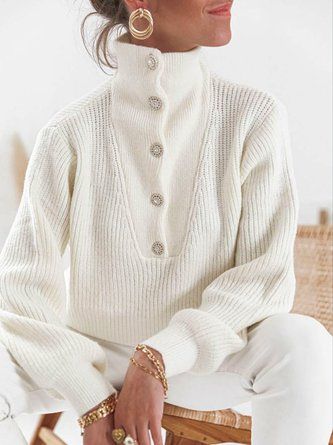 Pullover Outfit, Winter Pullover, Button Sweater, High Neck Sweater, Long Sleeve Knit Sweaters, White Sweater, Loose Sweater, Casual Sweaters, Knitted Pullover Sweaters